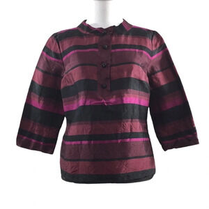 Talbots Black Purple Striped Henley Silk Blouse‎ Womens 8 3/4 Sleeve